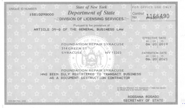 NYS business license for Foundation Repair Syracuse