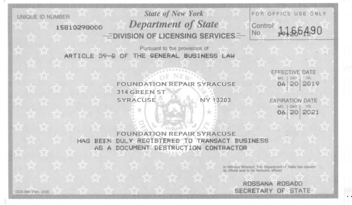NYS business license for Foundation Repair Syracuse